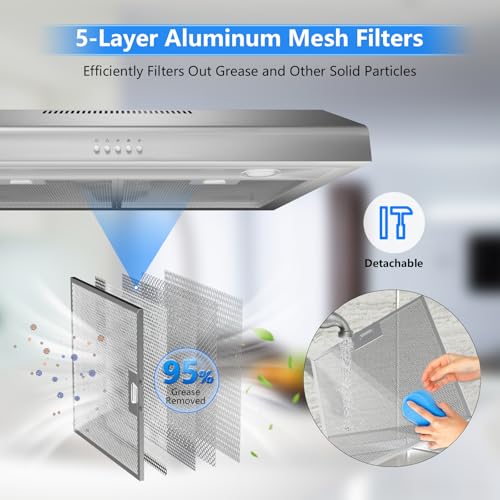 Image of 400 CFM Under Cabinet Range Hood 30 Inch, Stainless Steel Stove Vent Hood with 3 Speed Kitchen Exhaust Fan and Two Bright LED Light, Kitchen Hood 30 Inch for Duct /Ductless Convertible