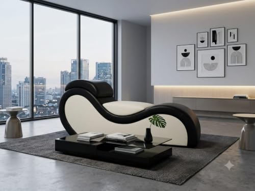 Image of SOUL CRAFT Sheesham Wood Leatherate Tantric Loung Chair, Yoga Chaise Lounge,Chaise Sofa Modern Lounge,Relaxing Chaise Lounge Chair, loveseats with Cushion (Black and White with Cushion)