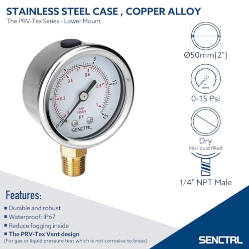 Image of SENCTRL 0-15 Psi Low Pressure Gauge, 2 inch Dial Size, 1 /4 Npt Lower Mount, Waterproof, Stainless Steel Case, for Water Air ATV Tire Gas Pressure Test