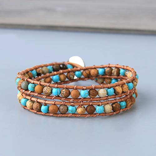 Image of KELITCH Natural Agate Onyx 2 Wrap Bracelets Handmade Leather Strand Bracelets Fashion Jewelry