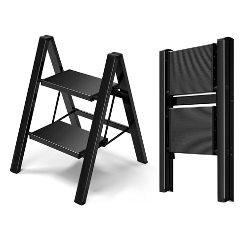 SUMFGO 2 Step Ladder Folding Step Stool with Wide Anti-Slip Pedal and Feet Heavy-Duty Steel Construction 600 lbs Load Capacity for Home and Office (2 Step)