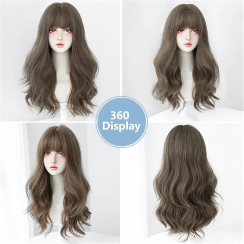 Peruki do włosów Light Brown Wig Heat Resistant Synthetic Body Wave for Women High Density Fashion Wavy Wigs with Neat Bangs