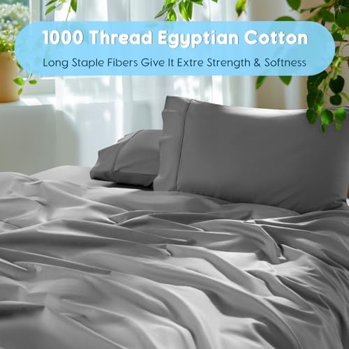 SONORO KATE 100% Egyptian Cotton Sheets Set - 1000 High Thread Count, Luxury 5-Star Hotel Sateen Bed Sheets, Soft, Breathable Long Staple Sheets, Fit up to 16" - 4 PC (Grey,Queen) - Thumbnail 2