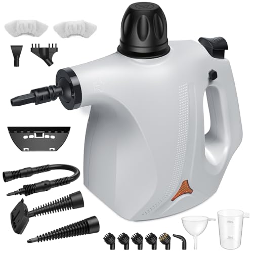 Cawevon Limpiador a vapor portátil con cierre de seguridad y 14 accesorios en 9 estilos diferentes para cocina, automóvil, textiles, baño, azulejos y estufas. (blanco)
