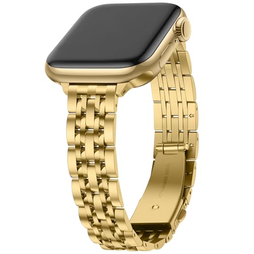 Image of Anlinser Metal Bands Compatible with Apple Watch Band for Women 49 /46 /45 /44 /42 /41 /40 /38mm, Thin Band Designed for iWatch Ultra 3-1 Series 11 10 9 8 7 6 5 4-1 SE (49 /46 /45 /44 /42mm, Gold)