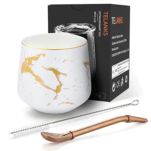 TELANKS Mate Becher, 200 ml Yerba Mate Becher, Marmor Mate Teetasse, Mate Tee Becher, Bombilla (Mate Strohhalm) und Reinigungsbürste (Weiß) Cover
