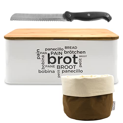myHodo Juego de Caja de Pan Metálico (33 x 18,5 x 13 cm), Cesta de Pan, Panera de Algodón Para Guardar Pan, Cuchillo de Pan de Acero Inoxidable, Tabla de Cortar Cocina de Bambú (blanco-marrón) Cover