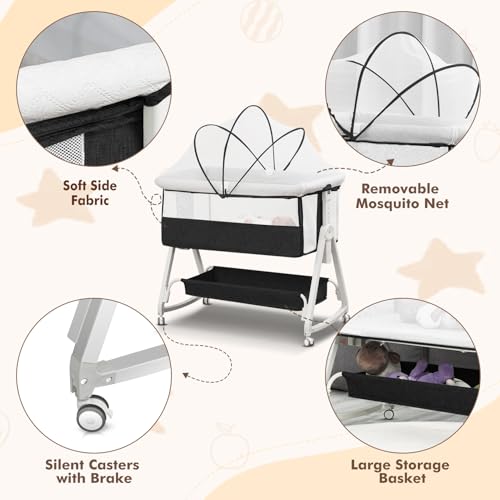 Baby Bassinet Bedside Sleeper for Baby,Bedside Bassinet with Wheels and Storage Basket,All Mesh 6 Height Adjustable Easy to Assemble Bedside Crib (Upgrade Black)