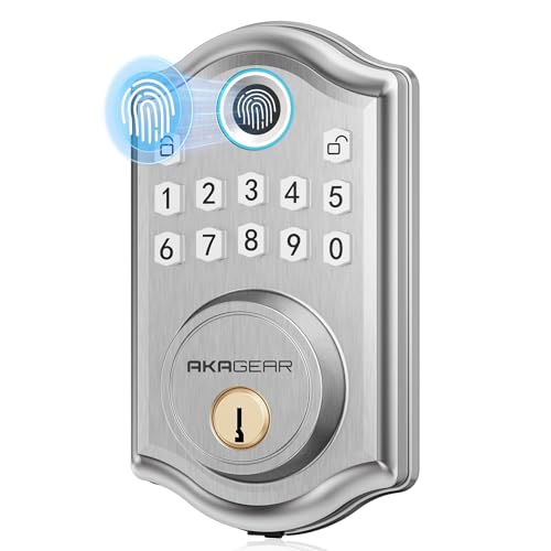 AkaGear DS10 Keyless Entry Door Lock - Fingerprint Door Lock with 2 Keys, Electronic Keypad Deadbolt, Smart Door Lock, Keypad Lock for Front Door, Auto-Lock & One Touch Locking - Satin Nickel