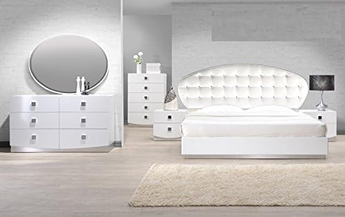 Modern France 4 Piece Bedroom Set Eastern King Size Bed Mirror Dresser Nightstand White Lacquer Mirror Handle Headboard With Leather Like Exterior & Like Crystals Exterior Bedroom Furniture