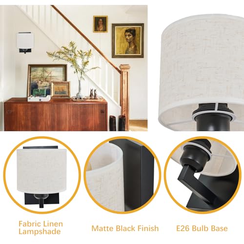 Image of Black Wall Sconce Set of 2, Modern Hardwired Industrial Light Fixtures With Drum Fabric Lampshade, Bedside Mounted Vanity Lamp for Bedroom Living Room Hallway Bathroom