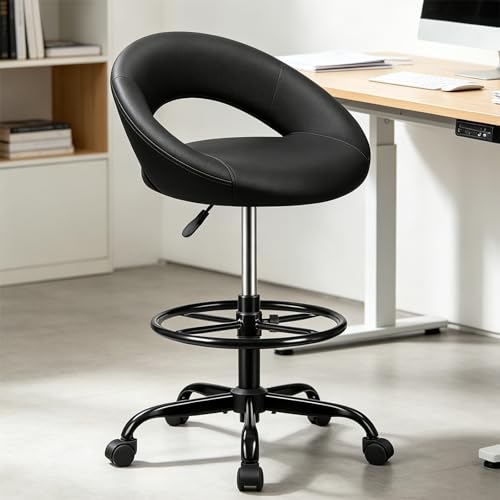 Image of Ergonomic Drafting Chair for Standing Desk, Height Adjustable Rolling Stool with Foot Rest, Tall PU Leather Chair with Wheels and Back Support for Home Office Kitchen Counter, Black