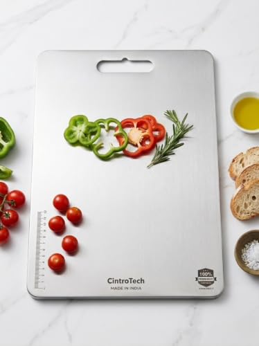 Image of Stainless Steel Vegetable Chopping Board - Heavy Duty Cutting Board for Vegi, Fruits & Meat | Rust-Proof, Durable & Hygienic Kitchen Board (Size-L, 35.5 x 25 cm)