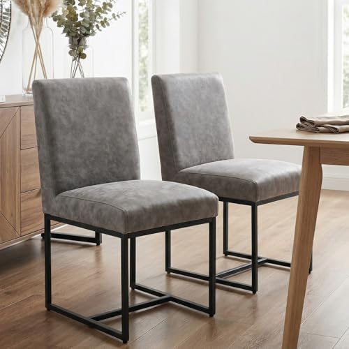 Image of HNY Modern Dining Chairs Set of 2, Upholstered Leather Dining Room Chairs with Ergonomic Back & Metal Frame for Home, Kitchen, Apartment, Grey
