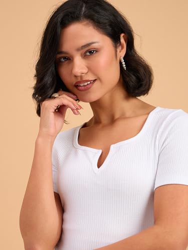 Image of barcino Beige Ribbed V-Neck Short Sleeves Top