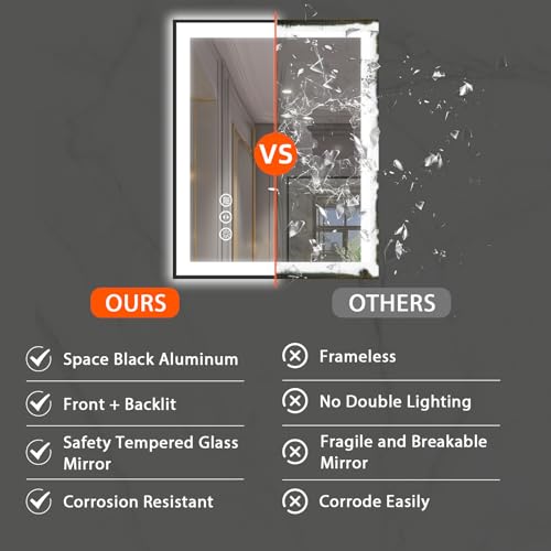 30x36 Lighted Mirrors for Bathroom Wall, Modern Rectangle Matte Black Mirror, Tempered Glass,Double Lights, 3 Colors Dimmable Temperature, IP54 Enhanced Anti-Fog, Memory (Horizontal/Vertical)