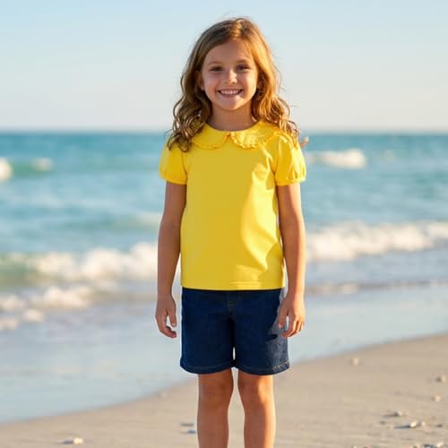 Image of Magic Park 12M-14Y Toddler Short Sleeve T-Shirt Girls Ruffle Blouse Kids Solid Color Tee Casual Tops Holiday Clothes