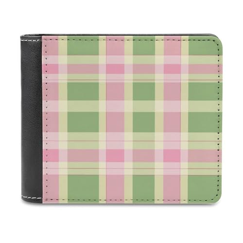 Green Pink Plaid Bifold Wallet PU Leather Front Pocket Slim Credit Card Holder Coin Purse for Women Men