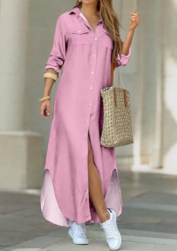 Image of YMING Women's Long Sleeve Button Down Shirt Dress Spring Casual Maxi Dresses Loose Fit Blouse Dress with Pockets