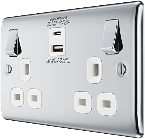 BG Electrical Double Switched Power Socket with Type A and C USB Charging Ports, 13 Amp, Polished Chrome