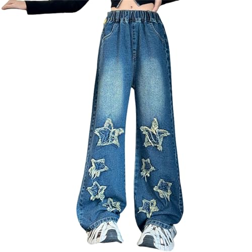 Teen Girls Wide Leg Jeans Baggy Star Raw Hem Y2K Demin Trousers Straight High Elastic Casual Trendy Teen Fall Trouser