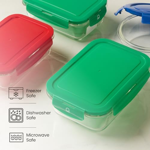 Image of United Colors of Benetton 570ML Borosilicate Glass Food Storage Container with Airtight Blue Lid - Leakproof, Microwave, Oven, Freezer & Dishwasher Safe - Durable & Reusable Lunch /Dinner Box