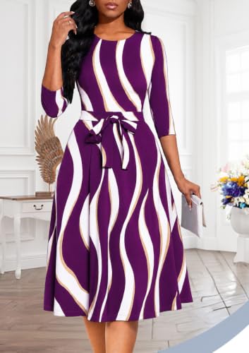 Image of Casual Dresses for Women Midi Church A-Line Fit and Flare Dress Crewneck 3 /4 Sleeve Party Dress