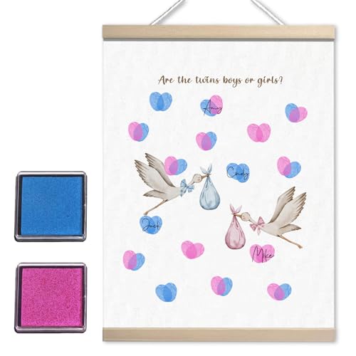 Image of Boho Stork Twins Baby Shower, Modern Twins Two Babies Pink and Blue Shower, Gender Reveal Fingerprint Tree Canvas Guest Books,Thumbprint Hanging Paintings(12x15in)