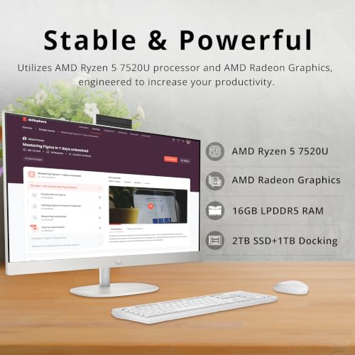 Image of HP 27 inch FHD Touchscreen All-in-One Desktop, AMD Ryzen 5 7520U, 16GB LPDDR5, 3TB Storage (2TB SSD+1TB Docking Station), Wireless Keyboard & Mouse, FHD IR Camera, Wi-Fi 6, Windows 11 Pro, White