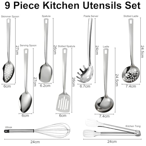 DXiongW Juego de Utensilios de Cocina de Acero Inoxidable 9 Piezas con Espátula Cucharón Espumadera Batidor Pinza y Servidor de Pasta Utensilios de Cocina Apto para Lavavajillas Pequeños Accesorios - imagen 2