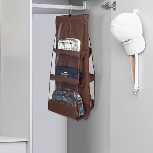 Image of Heart Home Hanging Organizer | Handbag Organizer | Hanging Purse for Wardrobe | Transparent Clutch Organizer | Handbag Storage For Closet | 6 Pocket Storage Hanger | Brown