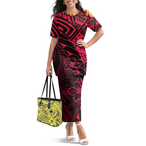 Image of Puletasi Samoan Traditional 2 Piece Outfits for Women Short Sleeve Crop Top and Maxi Skirt Sets Puletasi Dress