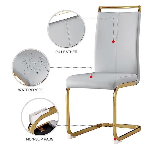 Image of Baysitone Modern Dining Chairs Set of 2, Side & Kitchen Chairs with Gold Frame, Faux Leather Padded Seat High Back, for Dining, Kitchen & Living Room - Light Grey