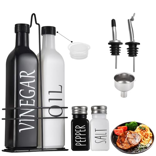 Agrdeed Conjunto de garrafas de vidro dispensador de óleo e vinagre, 500 ml, duas garrafas de azeite com funil, tampa antidesbrilho, etiqueta, suporte para Caddy e bocal de aço
