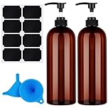 Partideal Pump Bottle Dispenser, 2 Pcs 1000ml/35.2oz Refillable Empty Plastic Amber Bottles with Funnel and Label for Lotions, Shampoo, Conditioner