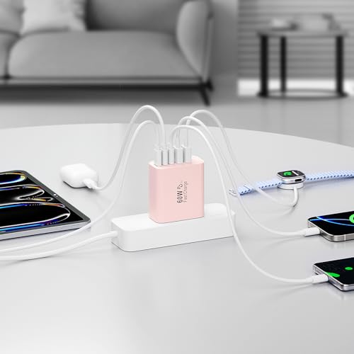 Image of USB C Charger Block, 60W 5-Port Type C Charger Fast Charging Blocks | USBC Multiple Port Wall Charger Plug for iPhone 17 /16 /15 /14 /13 /12 /11 Pro Max, Samsung Galaxy, Android Phone, iPad, Pink