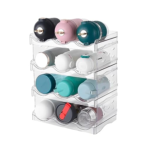 NUKied Stackable Water Bottle Organiser Rack 4 Pack Plastic Water Bottle Holder Wine Racks Storage Shelf Holds 12 Bottles for Fridge Kitchen Cabinet Pantry Cupboard Freezer