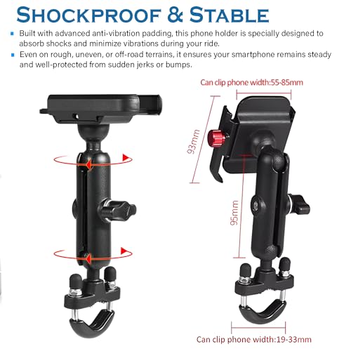 Image of Motorcycle Phone Mount, 360-Degree Rotation, Anti-Vibration Shockproof Mobile Holder with Ball Joint, Universal Bike Handlebar Mount, Black
