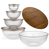 Stackable Space-Saving Set of 5 Nesting Glass Bowls with Acacia Lids for Foodprep, Storage, Mixing & Cooking - Microwave & Oven-ready BPA Free Durable Heat Resistant Inert Borosilicate Glass