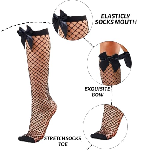 Fishnet Knee High Stockings Sexy Black Lace Trim Mesh Stockings Fashionable Thigh High Socks Cosplay Party for Women 2 Pairs4