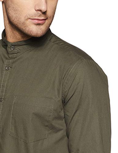 Image of Amazon Brand - Symbol Men's Cotton Shirt | Chinese Collar | Casual | Plain | Full Sleeve | Summer - Regular Fit (Available in Plus Size) (Black + Olive L) (Combo Pack of 2)