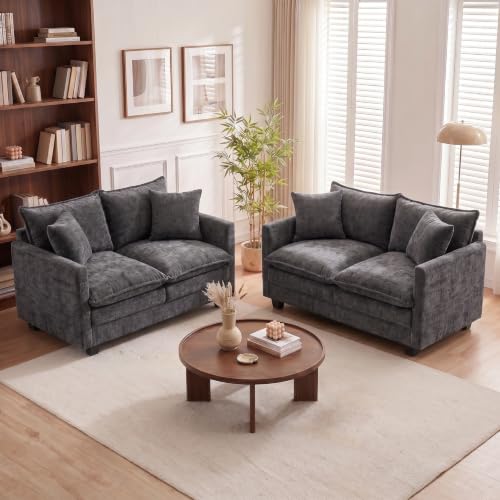 Image of 50'' Loveseat Sofa Set, Small Couch Set 2 Piece Cloud Love Seat with 27 inch Deep Seat Washable Chenille Pillows Couches for Small Spaces Apartment Living Room, Grey
