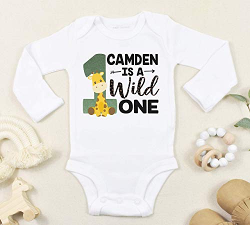 Safari First Birthday Bodysuit, Wild One Birthday Boy or Girl, Personalized Giraffe Birthday Shirt with Name, Zoo Theme Birthday Outfit3