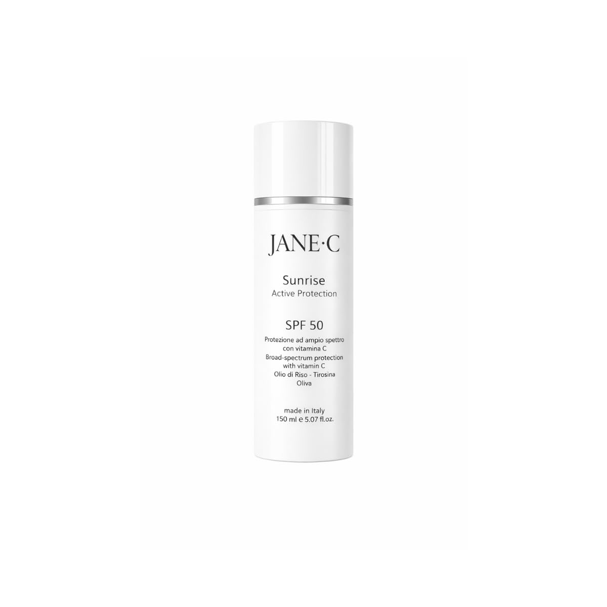JANE•C Crema Solare Viso e corpo SPF 50+ •150ml •Dry touch• con Vitamina C, E e Olio di Riso–Sunrise Active Protection filtri UVA/UVB• Ispirata alla Skincare coreana–Uso Quotidiano, Made in Italy
