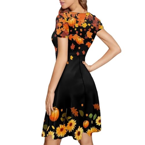 Image of POLERO Sunflower Dress for Women Floral Summer Dresses Short Sleeve Casual Sundresses Midi Dresses
