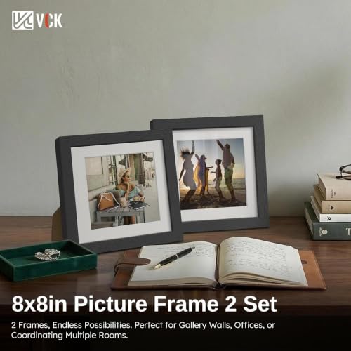 Image of VCK 8x8 Picture Frame 2 Pack, Black Wood, 6x6 Mat, Glass, for Photo Print