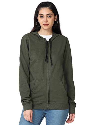Image of Wafaa Women's Cotton Plain Hooded Neck Full Zipper Sweatshirt Hoodies with Kangaroo Pocket