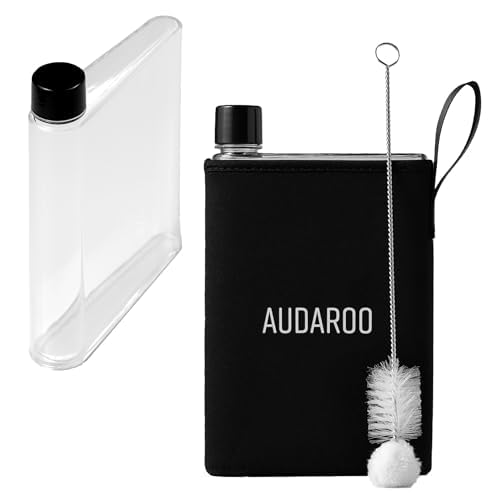 Slim Flat Water Bottle For Purse, Travel, Work, Gym - BPA-Free 14.2 oz Leakproof Plastic Flask with Cleaning Brush & Neoprene Sleeve - Portable A5