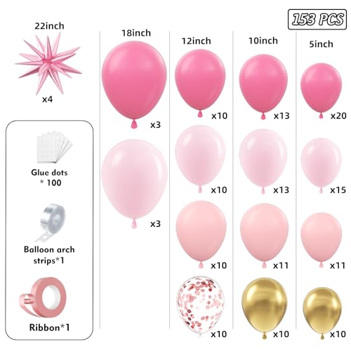 Image of Pink Balloons Garland Arch Kit 153pcs with Star - 22 18 12 10 5in Different Size Shades of Pink and Gold Confetti Latex Balloons for Birthday Baby Shower Wedding Valentine's Party Decorations