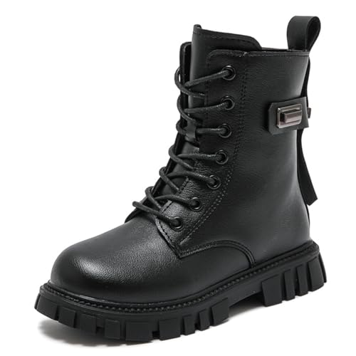 Lace Up Ankle Boots For Girls Leather Combat Riding Boots Side Zipper Punk Goth Lug Sole Ankle Booties With Metal Buckle Decor For Dressy Birthday Daily Causal 4-11 Years